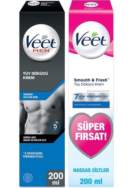 Veet Men Hassas Erkeklere Özel Tüy Dökücü 200ML+ Veet Hassas Tüy Dökücü Krem 200ML Süper Fırsat