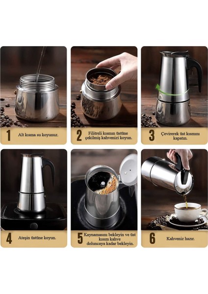 Paslanmaz Çelik Ocak Üstü 6 Cup Fincan Moka Pot Espresso CIN285-6