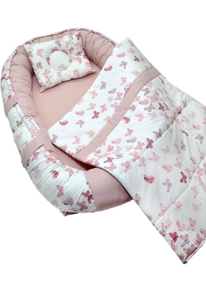 Berababy Babynest Pikeli Pudra Kelebek Kombin Bebek Yuvası 3 Parça Set