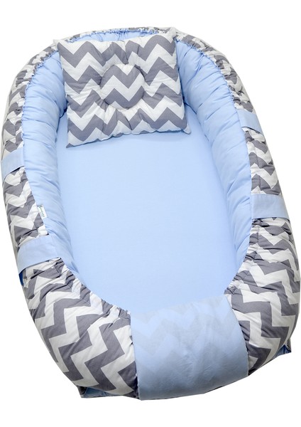 Berababy Babynest Gri Zigzag ve Mavi Tasarım Bebek Yuvası