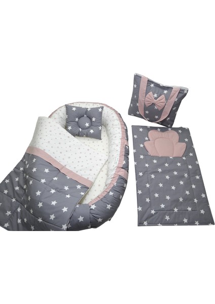 Berababy Babynest Çantalı Gri ve Pudra Tasarım Bebek Yuvası 5 Parça Set