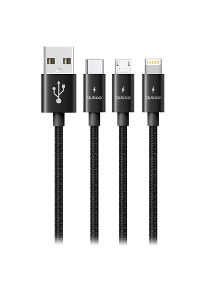 HY-X510 Quboo 1.2 mt 3A Micro USB + Lightning + Type-c 3 in 1 Siyah Şarj Kablosu