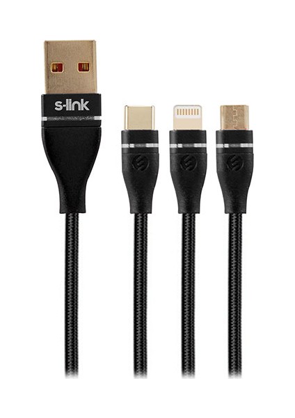 SW-C900 1 mt 3A Micro USB + Lightning + Type-c 3 in 1 Siyah Şarj Kablosu