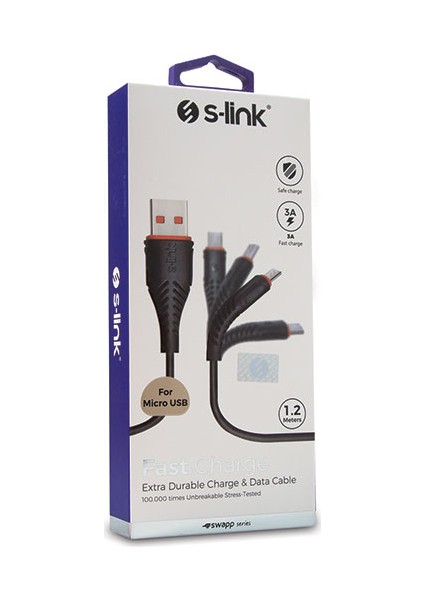 S-link Swapp SW-C595 1.2 mt 3A Micro USB Siyah Şarj Kablosu