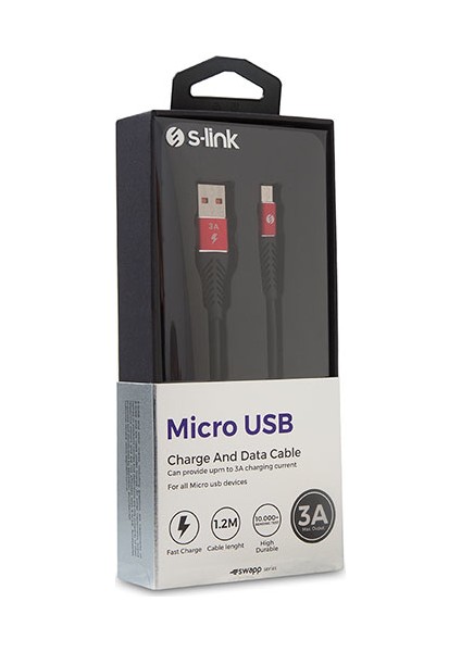 SW-C565 1.2 mt 3A Micro USB Kırmızı/Siyah Şarj Kablosu