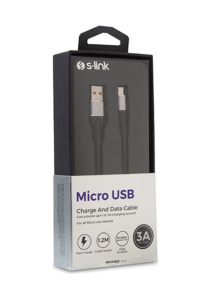 SW-C565 1.2 mt 3A Micro USB Gri/Siyah Şarj Kablosu