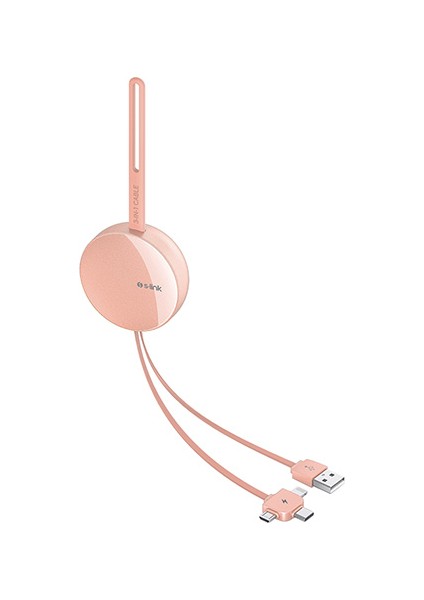 SL-C2020 2.1A Micro USB + Lightning + Type-c 3 in 1 Pembe Aynalı Saklama Kablı Şarj Kablosu
