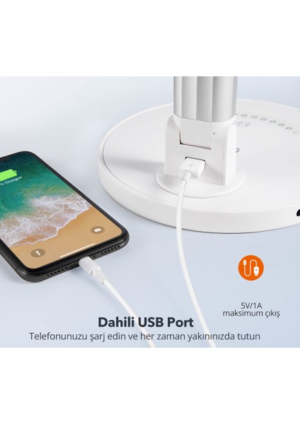 TT-DL13 USB Şarj Portlu 12W LED Masa Lambası Philips EnabLED Programı Üyesi Beyaz (5 Renk, 7 Kısıklık Dokunmatik Ayarlı)
