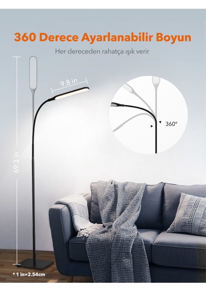 TT-DL072 1000 Lux/450 lm Esnek Başlıklı LED Zemin Lambası (4 Renk, 4 Kısıklık Dokunmatik Ayarlı)