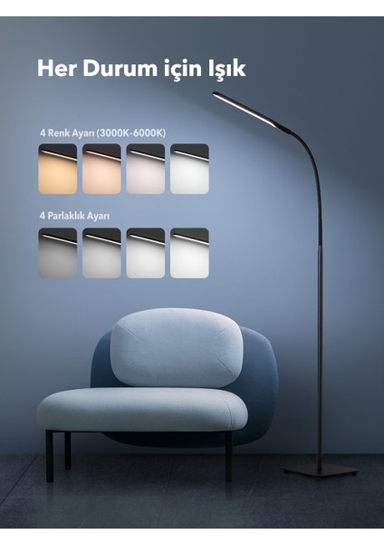 TT-DL072 1000 Lux/450 lm Esnek Başlıklı LED Zemin Lambası (4 Renk, 4 Kısıklık Dokunmatik Ayarlı)