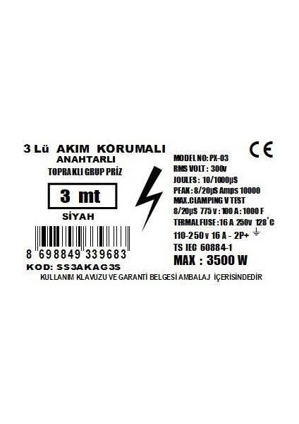 Üçlü Akım Korumalı Anahtarlı Grup Priz 3 mt Siyah