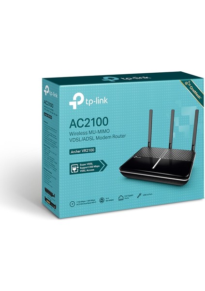 TP-Link Archer VR2100 AC2100 Mbps, 4 Gigabit LAN Portları + 1 USB 3.0 Port, MU-MIMO, Super VDSL, Tether Uygulaması ile Kolay Kurulum, Dual-Band Fiber Destekli Wi-Fi 5 VDSL/ADSL Modem Router