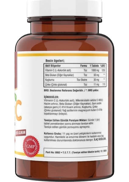C Vitamini 1000 mg 120 Tablet Beta Glucan Zinc Rose Hips