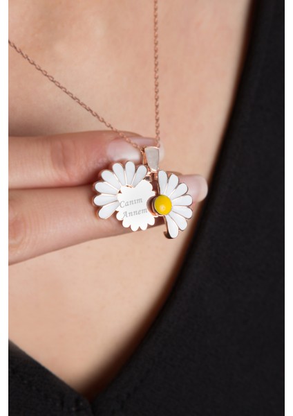 Kadın Canım Annem Yazılı Açılabilir Papatya Kolye Rose Kaplama 925 Ayar Gümüş Kolye