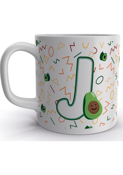 J Harfi Avokado Tasarım Renkli Harfli Kupa Bardak
