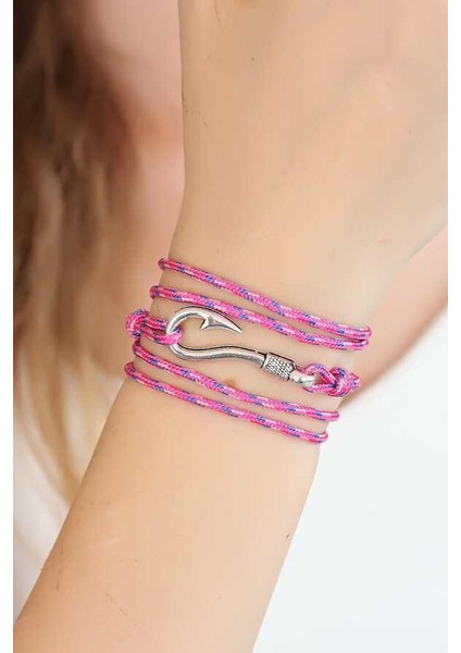 Karışık Desenli Pembe Renk Gümüş Metal Kancalı Bayan Çoklu Bileklik
