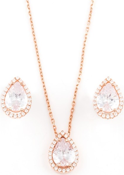 Damla Rose Gold Kolye Küpe Gümüş Set
