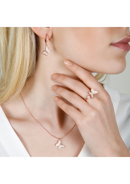 Kelebek Kolye Küpe Yüzük Gümüş Kadın Set