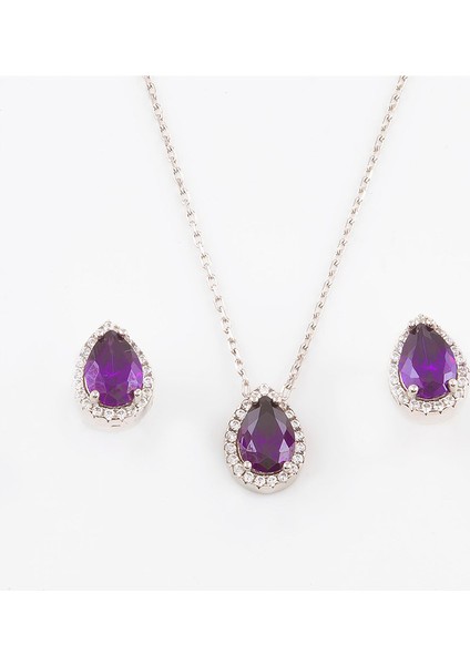 Damla Mor Renkli Kolye Küpe Gümüş Set