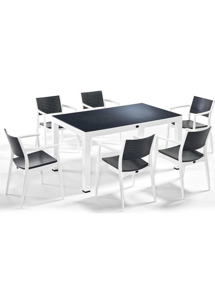 Seginus 90 x 150 cm 6'lı Camlı Bahçe Masa Takımı Beyaz Antrasit