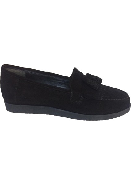 Siyah Süet Loafer Püsküllü Babet
