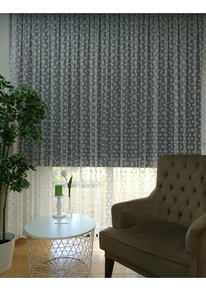 Çiçek Desen Dantel Tül Perde 400 x 250 Normal Pile 1/2.5