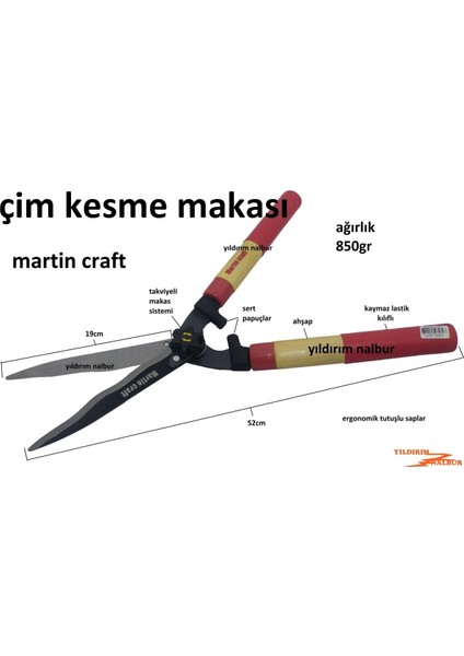 Çim Makası Martın Craft Kesme Budama Makası Ot Biçme Makası Çam Yaprak Kesme