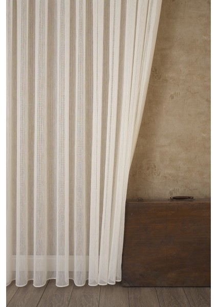 Ince Çizgili Şantuklu Tül Krem 1-2,5 Orta Sık Pile 400 x 260 cm