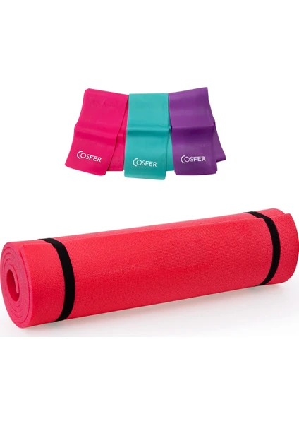 6,5 mm Pilates Minderi ve 3 Lü Pilates Band Seti - Pembe