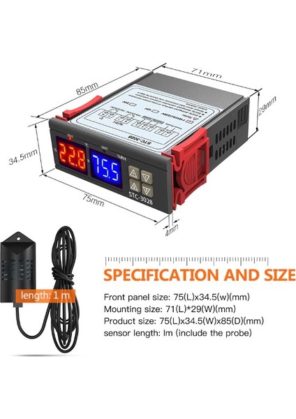 STC-3028 Dijital Sıcaklık Nem Ölçer 110-220V 10A Termostat Çift Ekran Termometre