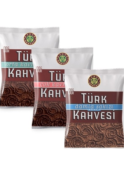 Kahve Dünyası 100 gr Damla Sakızlı + 100 gr Orta Kavrulmuş + 100 gr Çok Kavrulmuş Türk Kahvesi