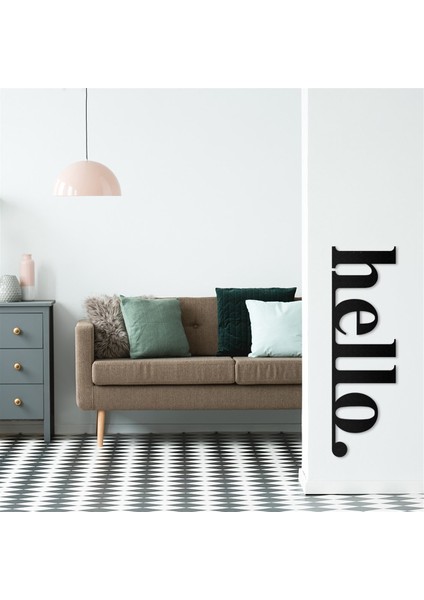 Hello Yazılı Metal Duvar Tablosu - Beyaz - Ev Duvar Dekorasyonları - 30 x 100 cm - Siyah - APT101