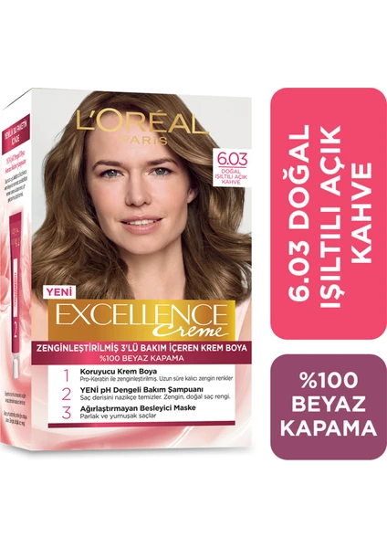 L'Oréal Paris Excellence Creme Saç Boyası - 6.03 Doğal Işıltılı Açık Kahve