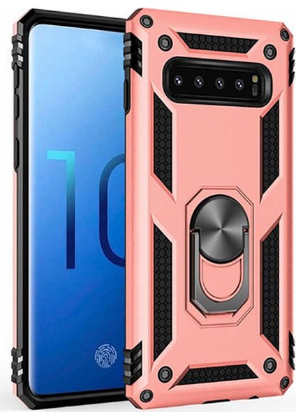 - Samsung Galaxy S10 - Kılıf Yüzüklü Zırh Tank Vega Kapak - Rose Gold - T8268
