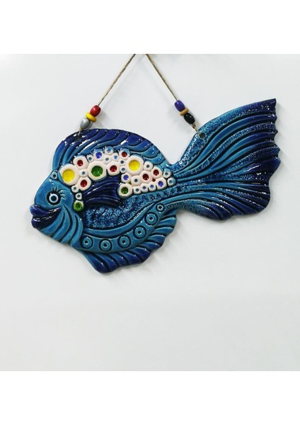 Seramik Süslü Balık Dekoratif El Işi Duvar Süsü Büyük Boy Nazarlık