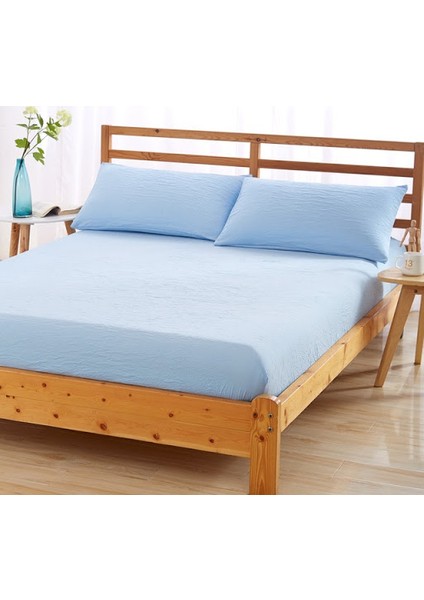 Luxury Ranforce Tek Kişilik Lastikli Çarşaf Seti 100 x 200 + 30 cm Yastık Kılıflı Mavi