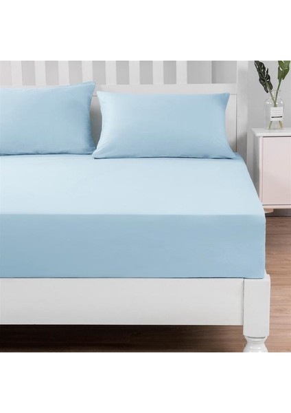 Luxury Ranforce Tek Kişilik Lastikli Çarşaf Seti 100 x 200 + 30 cm Yastık Kılıflı Mavi