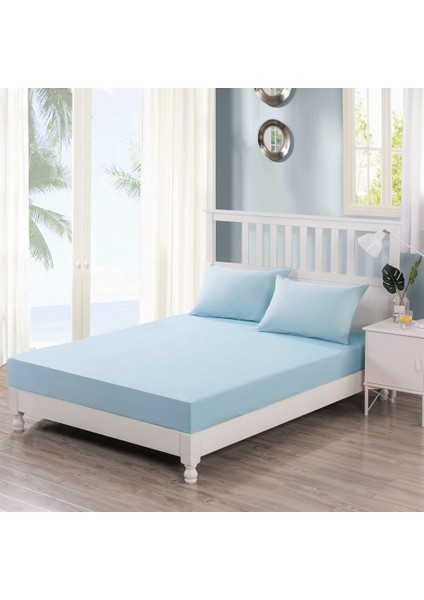 Luxury Ranforce Tek Kişilik Lastikli Çarşaf Seti 100 x 200 + 30 cm Yastık Kılıflı Mavi