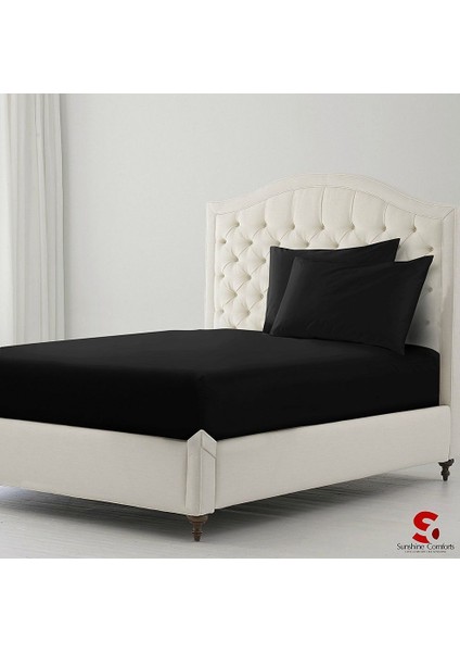 Stella Flavo Luxury Ranforce Tek Kişilik Lastikli Çarşaf Seti 100 x 200 + 30 cm Yastık Kılıflı Siyah