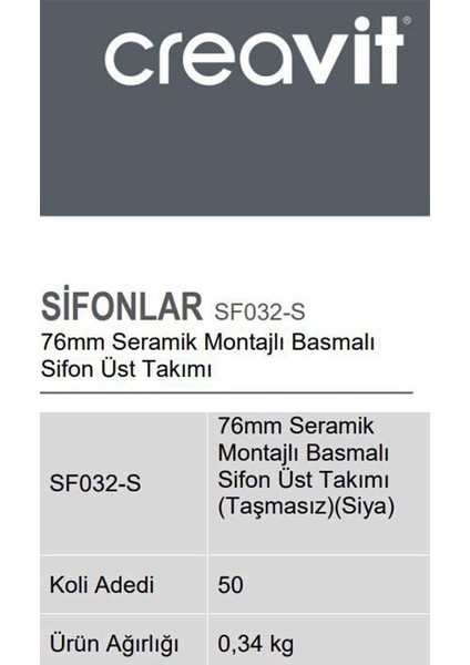 SF032-S 76 mm Seramik Montajlı Basmalı Sifon Üst Takımı Taşmasız - Siyah