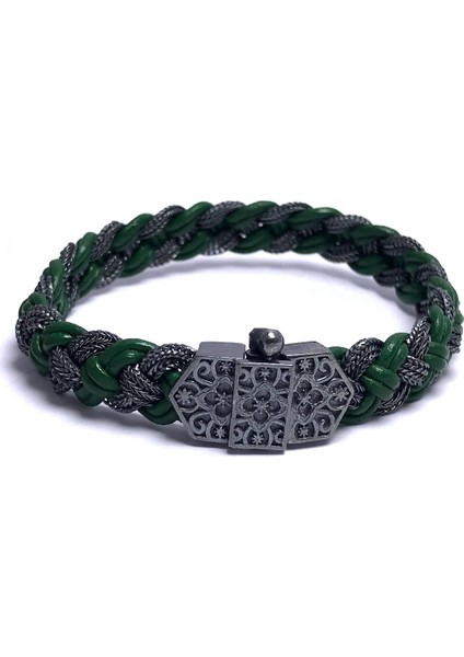 Yeşil Deri ve Hasır Tasarım Unisex Gümüş Bileklik