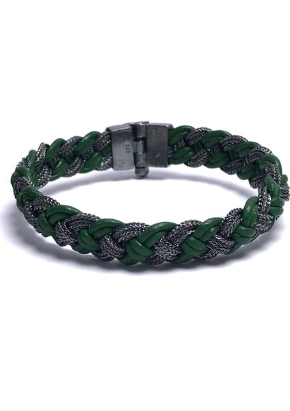 Yeşil Deri ve Hasır Tasarım Unisex Gümüş Bileklik fiyatları