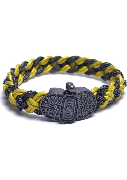 Sarı Deri ve Hasır Tasarım Unisex Gümüş Bileklik