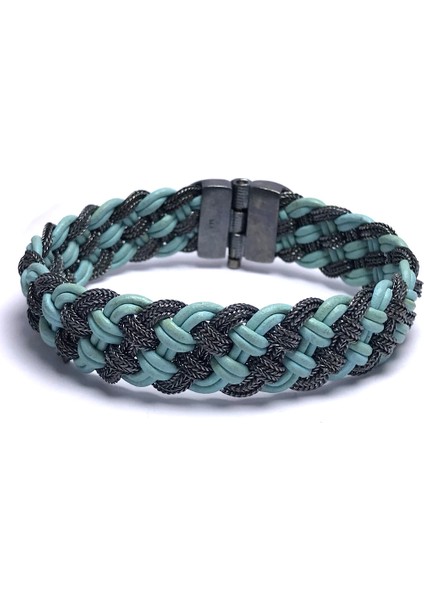 Turkuaz Deri ve Hasır Tasarım Unisex Gümüş Bileklik fiyatları