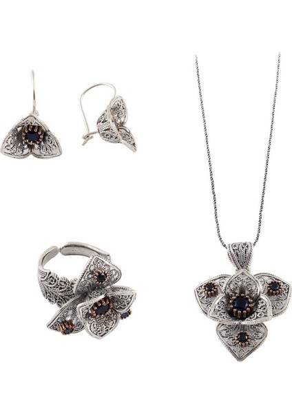 Kök Safir Taşlı Papatya Modeli Telkari Gümüş Set