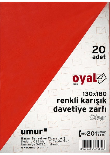 Renkli Karışık Davetiye Zarfı 20'li