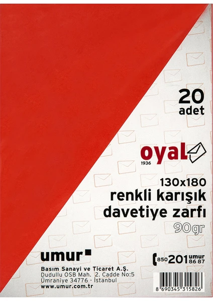 Renkli Karışık Davetiye Zarfı 20'li