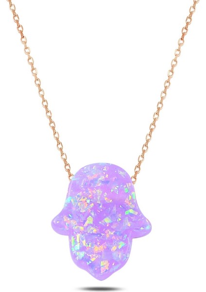 Lila Opal Taşlı Fatma Ana Eli Kolye _rose