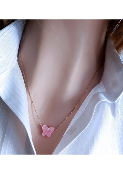 Pembe Kelebek Resin Taş Kolye _rose