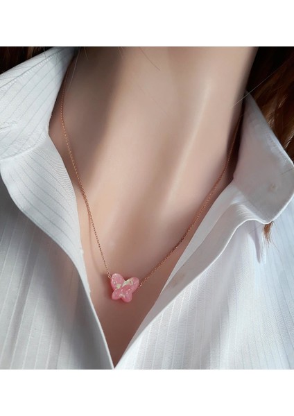 Pembe Kelebek Resin Taş Kolye _rose fiyatları